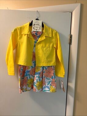 Forever Me Girls Yellow Jacket with Floral Dress Set